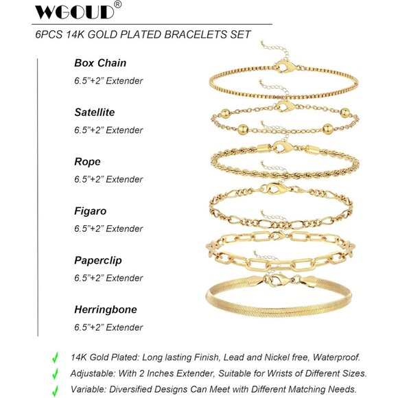Trendy 6pcs Gold Bracelets Set for Women, 14K Gold Plated, Adjustable, Waterproo - Picture 6 of 8